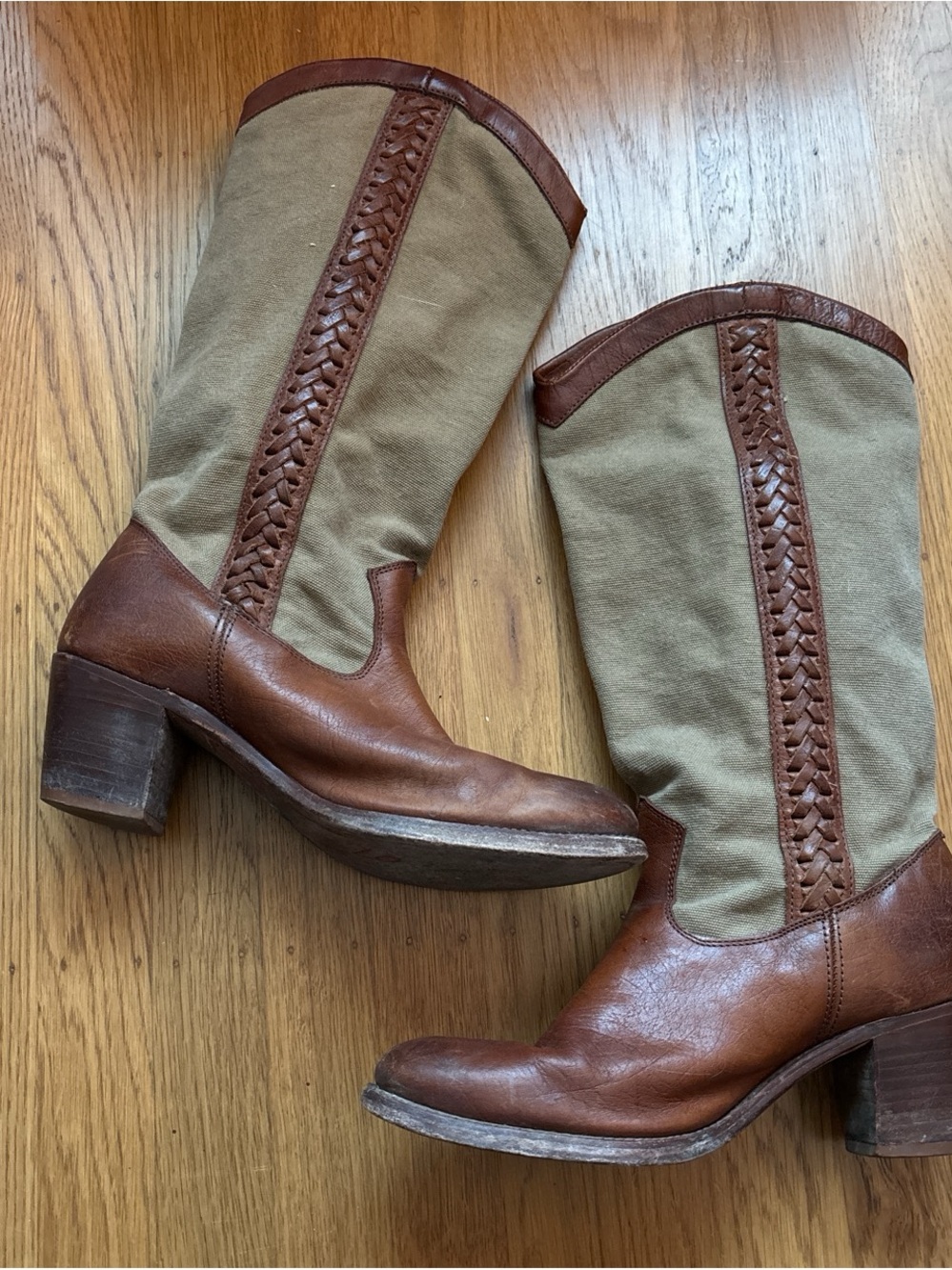 Vintage Jane Frye 10 Knee High Boots Braided Leather Brown Round Toe Canvas - Picture 3 of 9